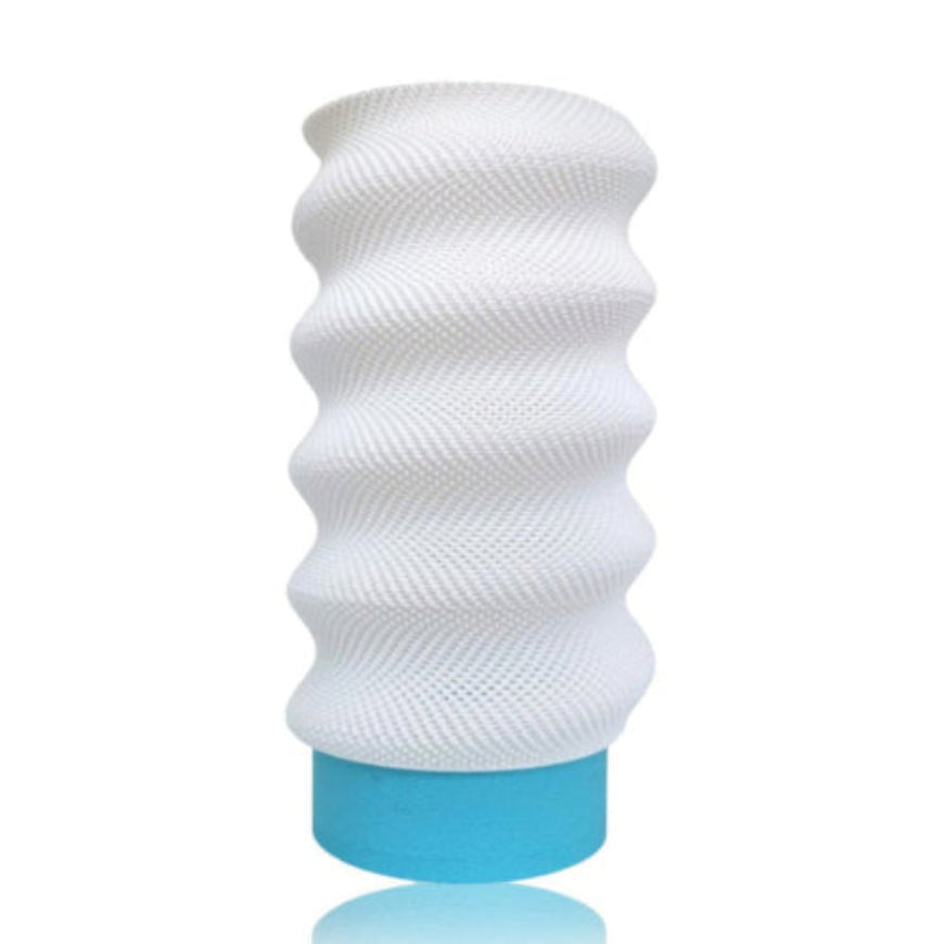 White textured cylindrical table lamp with a blue base on a white background