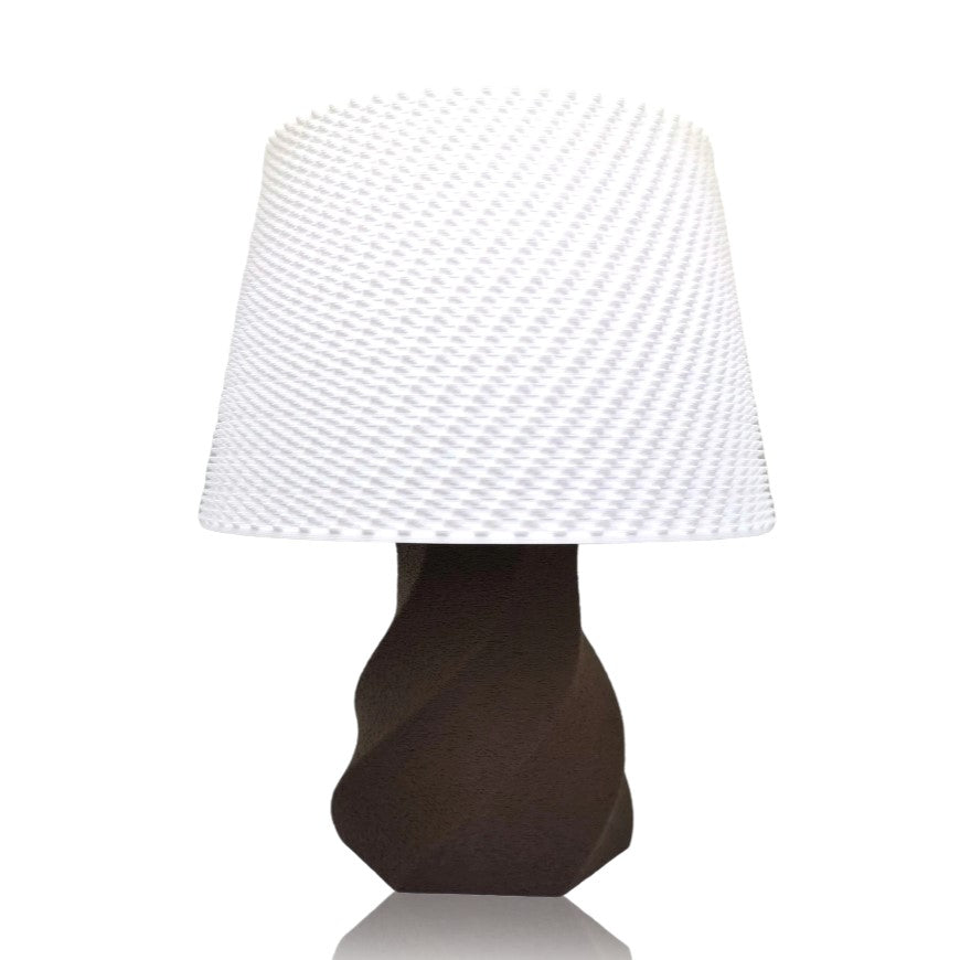 Table lamp with a textured white shade and brown base on a white background