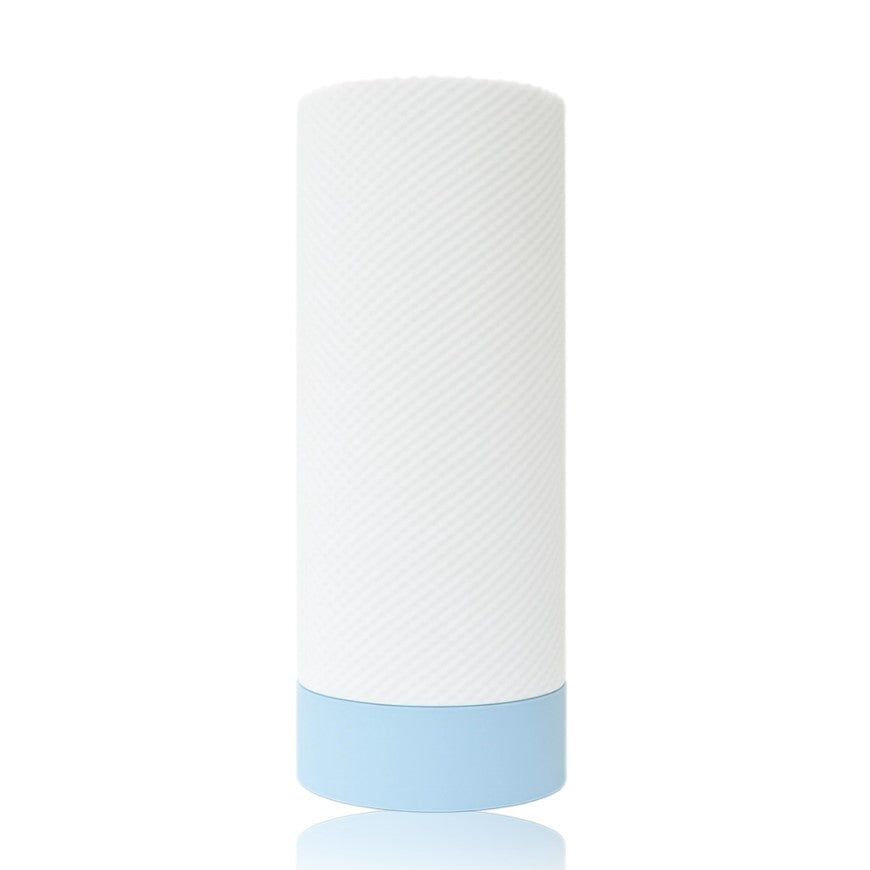 Cylindrical table lamp with white shade and blue bottom on a white background