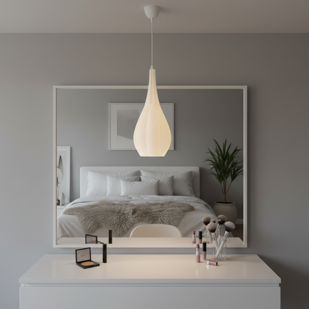 Warm white sculptural pendant light hanging above a minimalist vanity table.