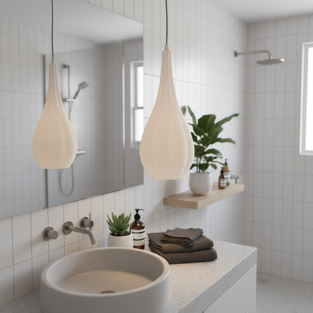 Textured teardrop pendant lamp adding soft ambient lighting to a contemporary bathroom.