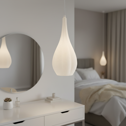 Elegant teardrop pendant lamp illuminating a modern neutral bedroom interior.