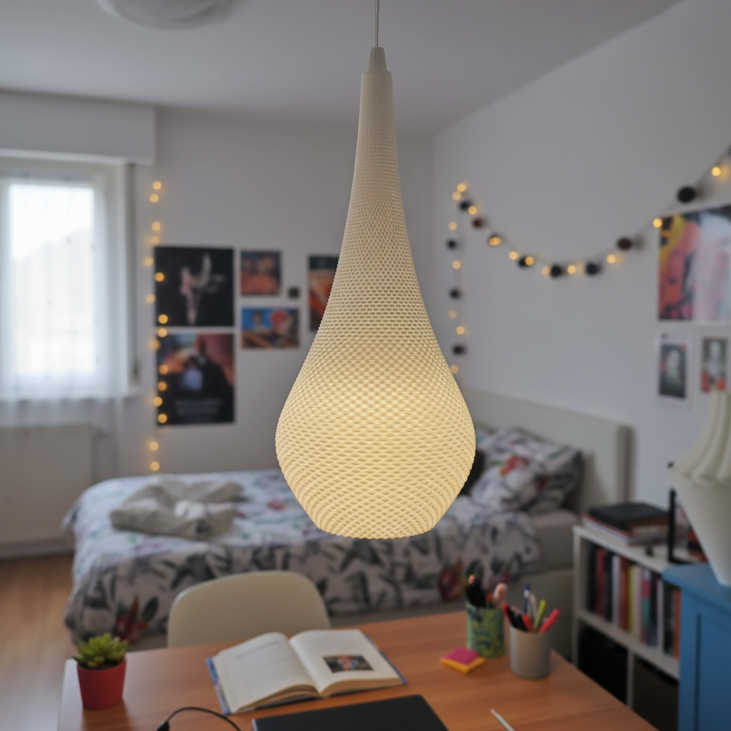 A teardrop-shaped pendant light with a warm glow hangs above a desk in a cozy bedroom, with fairy lights, wall art, and a bed softly blurred in the background.