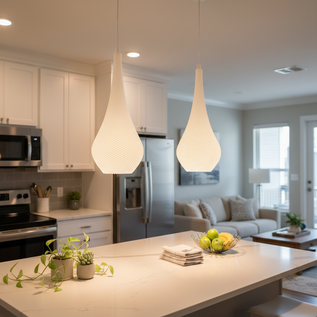 Pair of matching white textured pendant lamps above a kitchen island, creating a cozy warm glow.