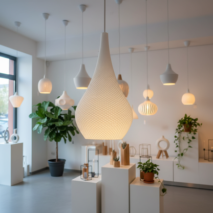Close-up of a pear-shaped textured pendant light in matte white, softly diffusing warm ambient light.