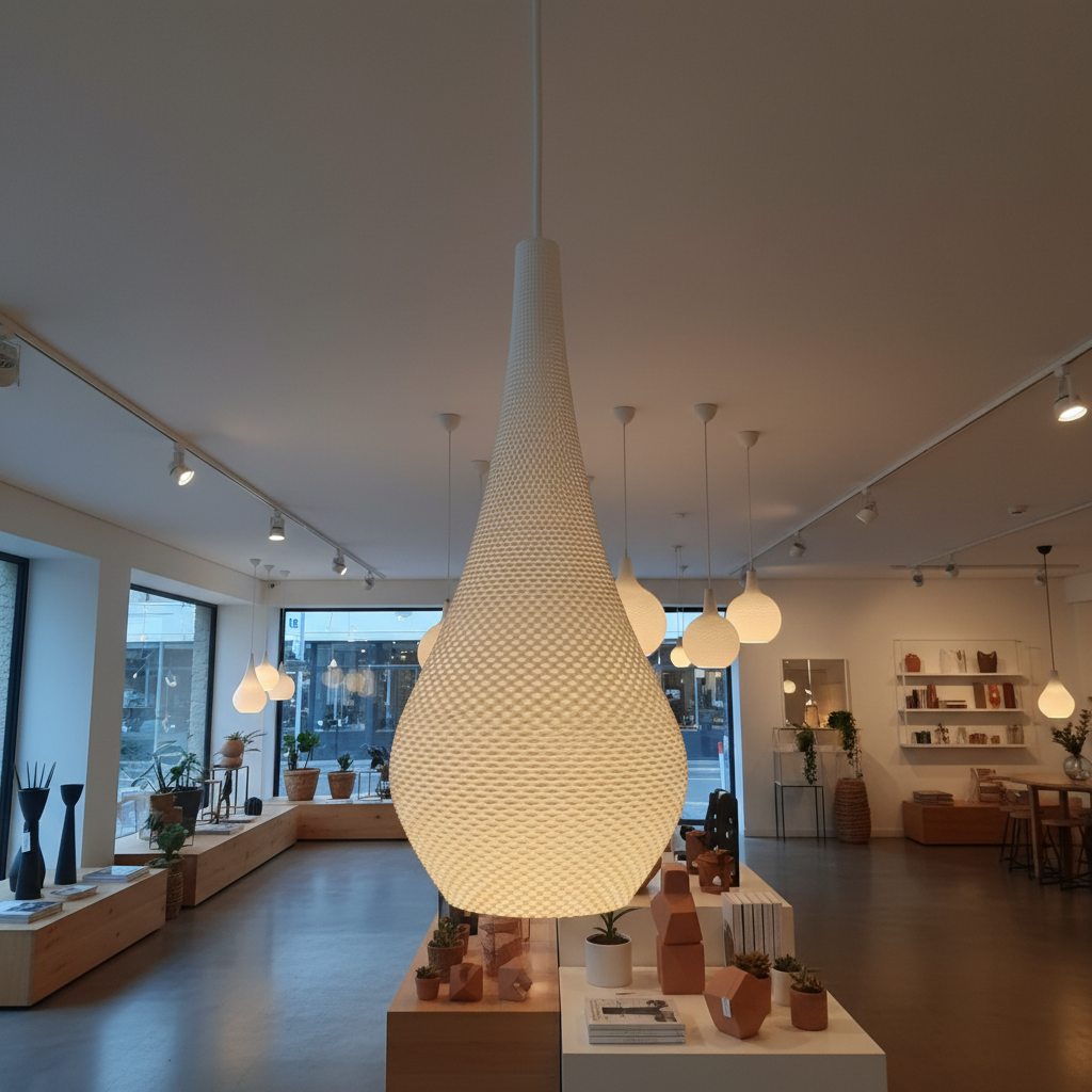 Teardrop-shaped white pendant lamp with textured woven shade, glowing warmly in a modern showroom.