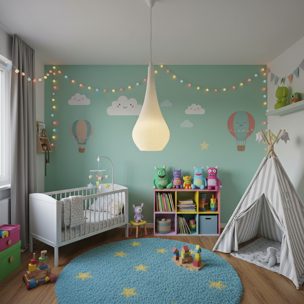 Close-up of the teardrop-shaped pendant lamp glowing warmly in a dim interior, highlighting the textured glass surface and soft ambient light.
