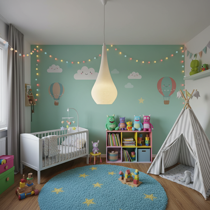 Close-up of the teardrop-shaped pendant lamp glowing warmly in a dim interior, highlighting the textured glass surface and soft ambient light.