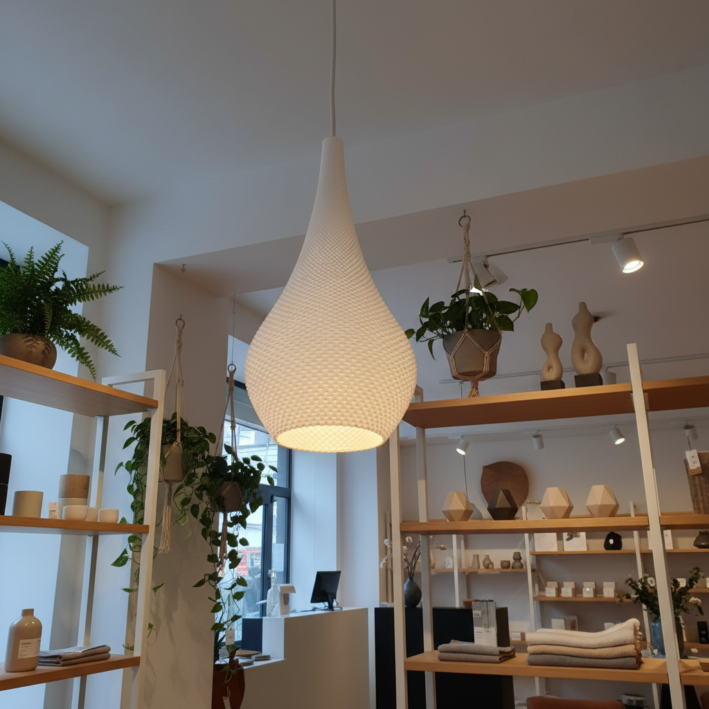 Minimalist white hanging lamp with a tapered top and rounded base, featuring a 3D honeycomb-like texture.