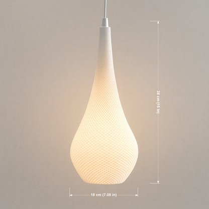 Textured pendant light with dimensions on a neutral background