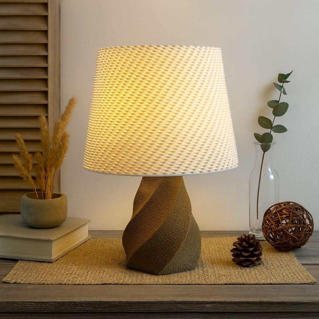 Decorative table lamp with wicker shade on a wooden surface, surrounded by books and plants.