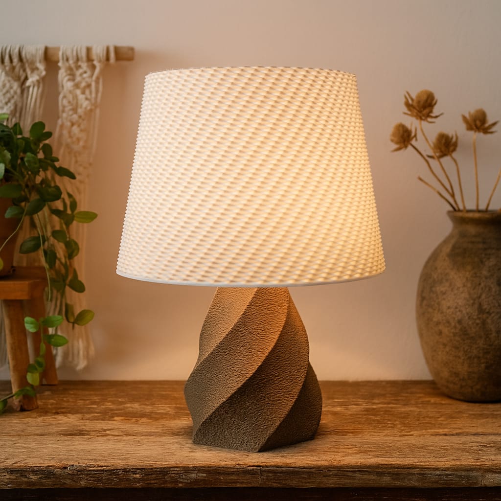 Table lamp with textured base and woven shade on a wooden surface, with plants and decor in the background.