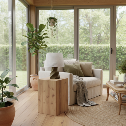 Cozy living room with a beige sofa, wooden side table, and large windows.