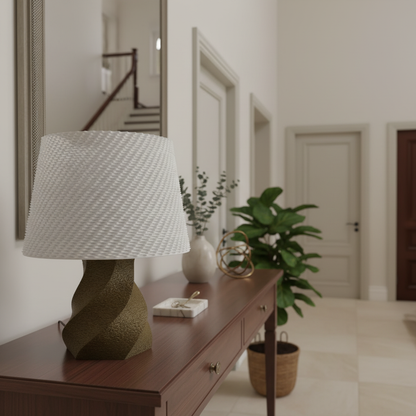 Decorative lamp on a wooden console table in a home interior.