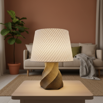Decorative lamp with wicker shade on a wooden table in a living room setting.