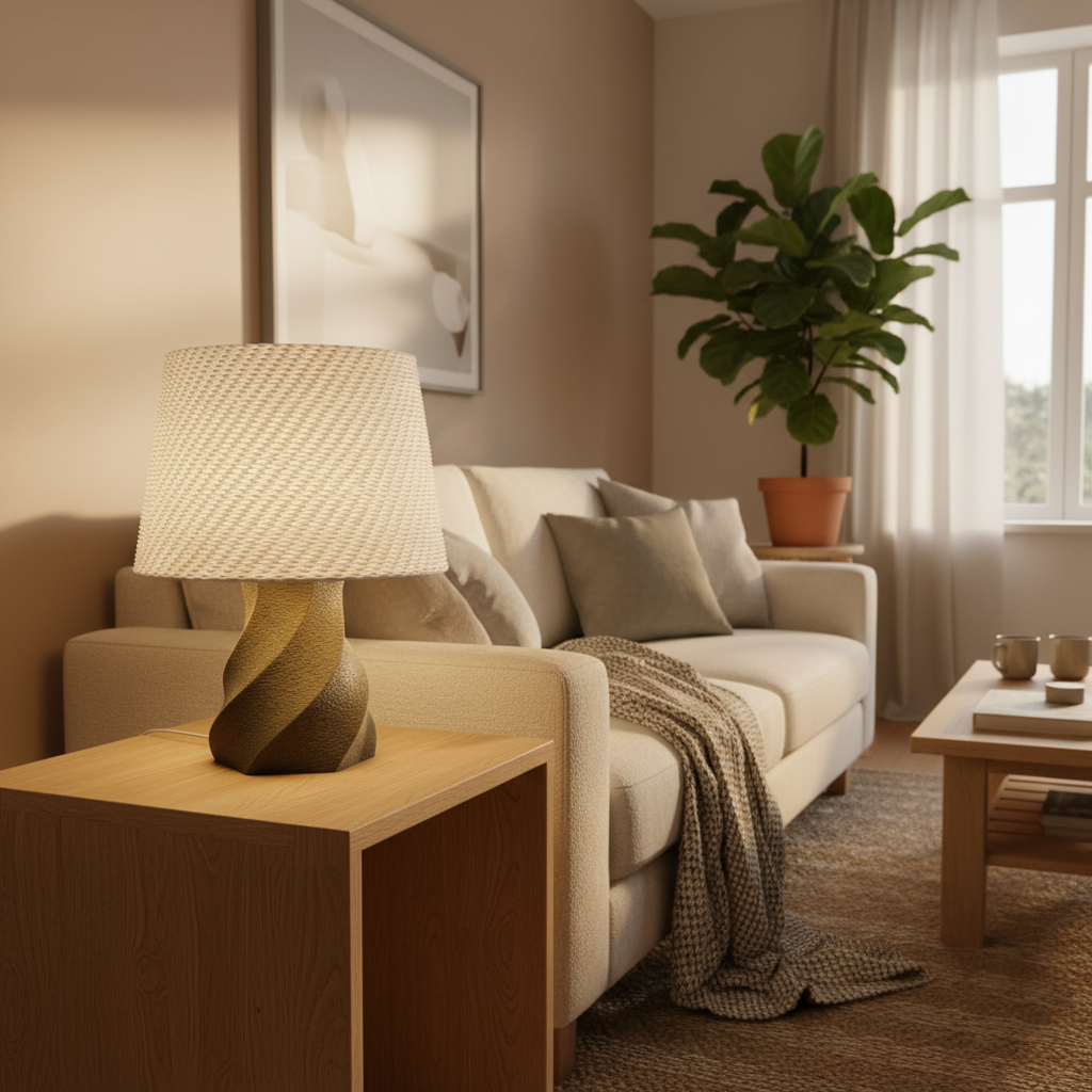 Cozy living room with a beige sofa, wooden side table, and decorative lamp.