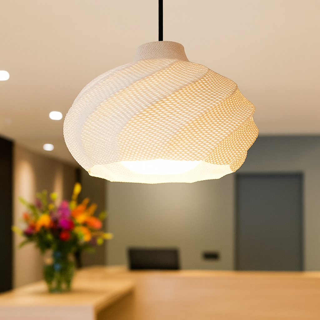 Woven pendant light hanging in a room with a blurred background