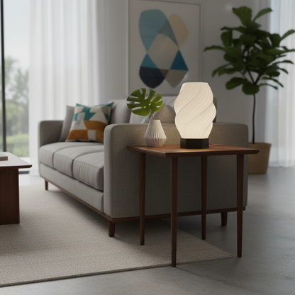 Modern living room with a gray sofa, side table, and decorative lamp.