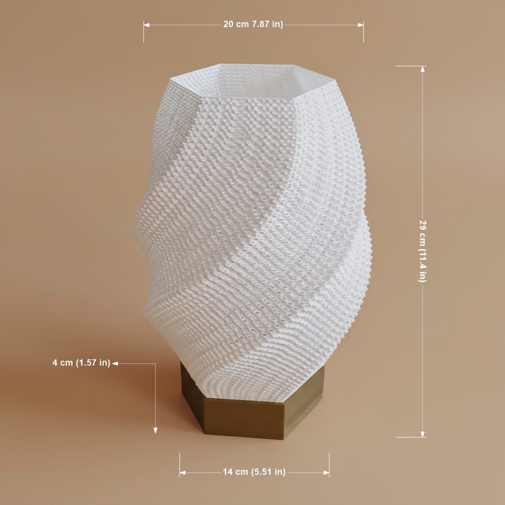 White textured vase with dimensions on a brown background