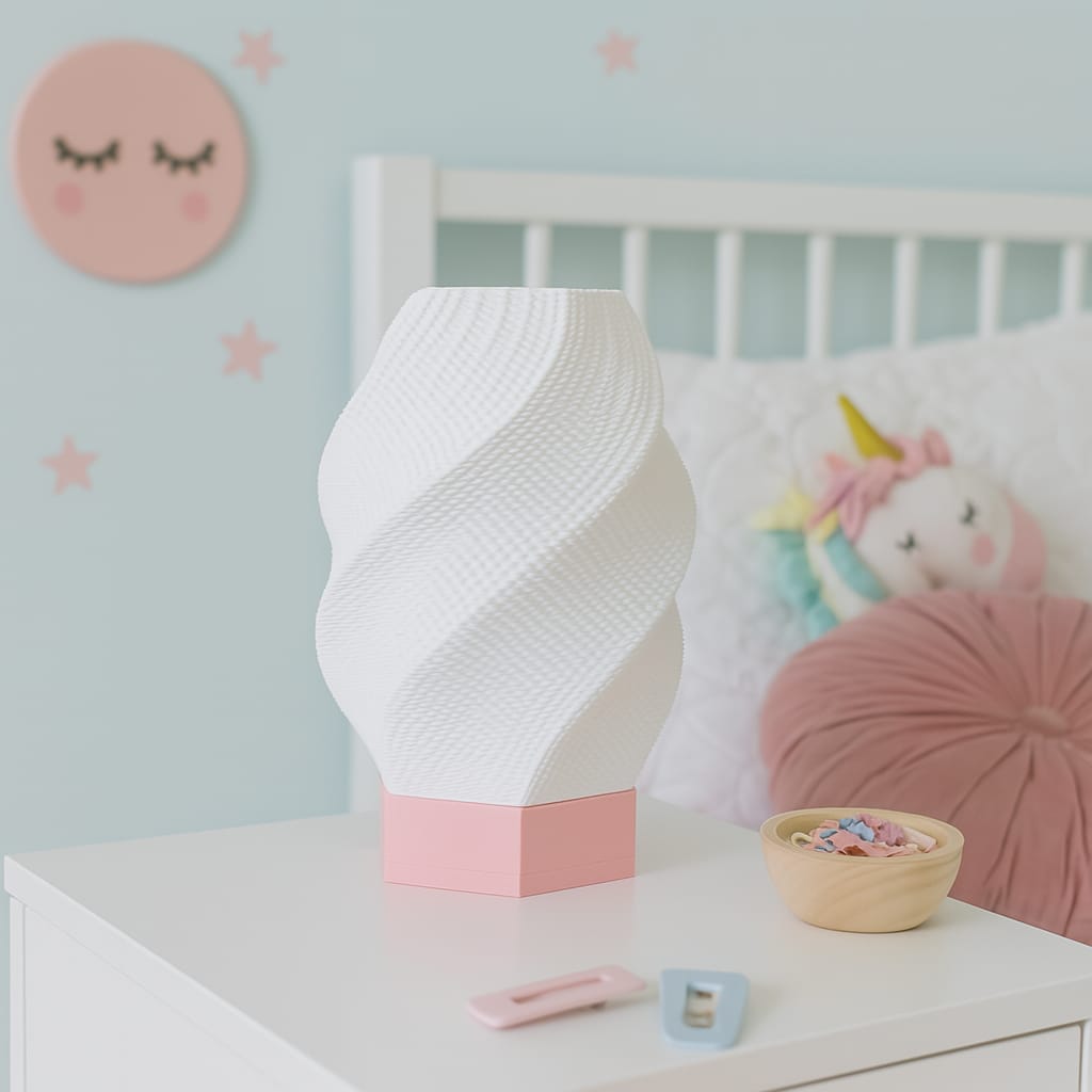 White textured lamp with pink base on a white surface in a child's room with a unicorn pillow and star decorations.