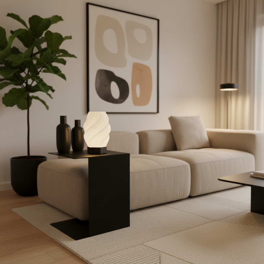 Modern living room with a beige sofa, side table, and decorative elements.