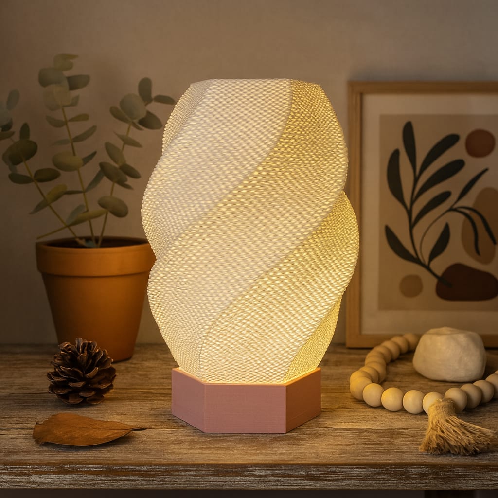 Decorative table lamp with a textured design on a wooden surface, surrounded by plants and decor items.