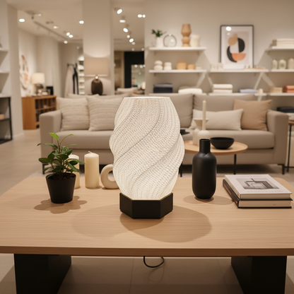 Decorative lamp on a table in a modern living room setting