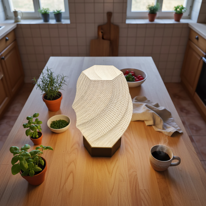 Light fixture on a kitchen table with plants and a bowl of fruit in the background