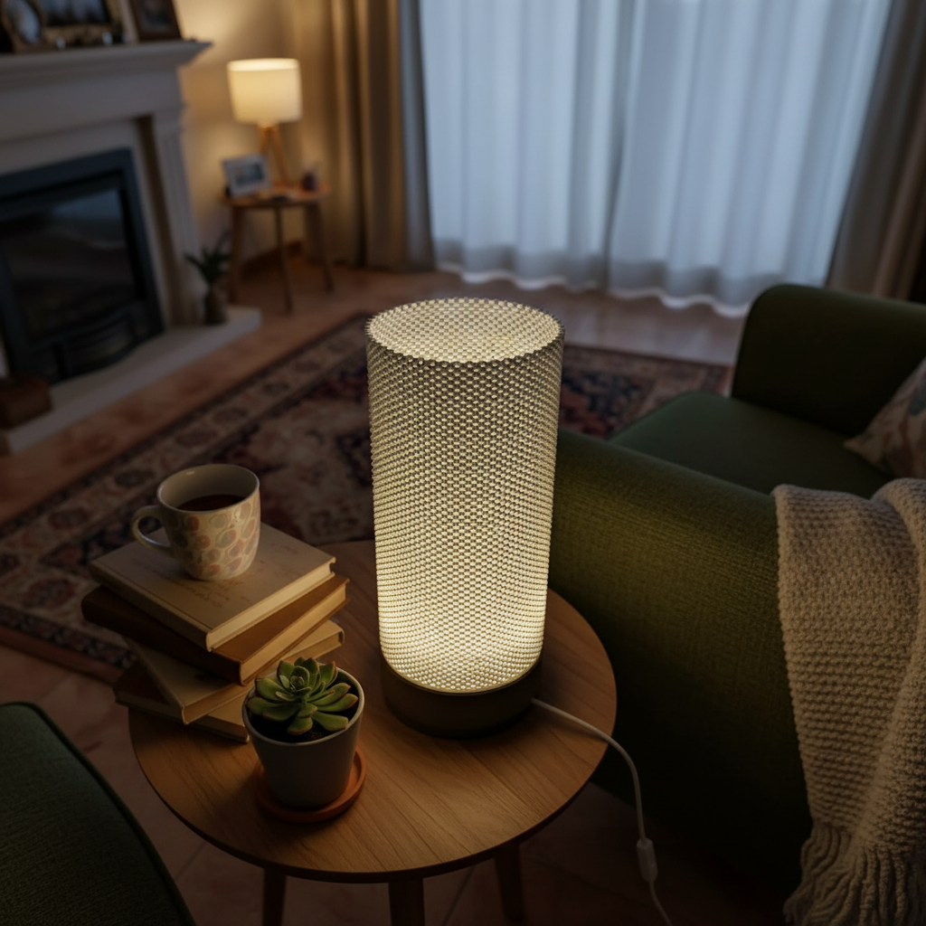 Decorative lamp on a table with books and a plant in a cozy living room.