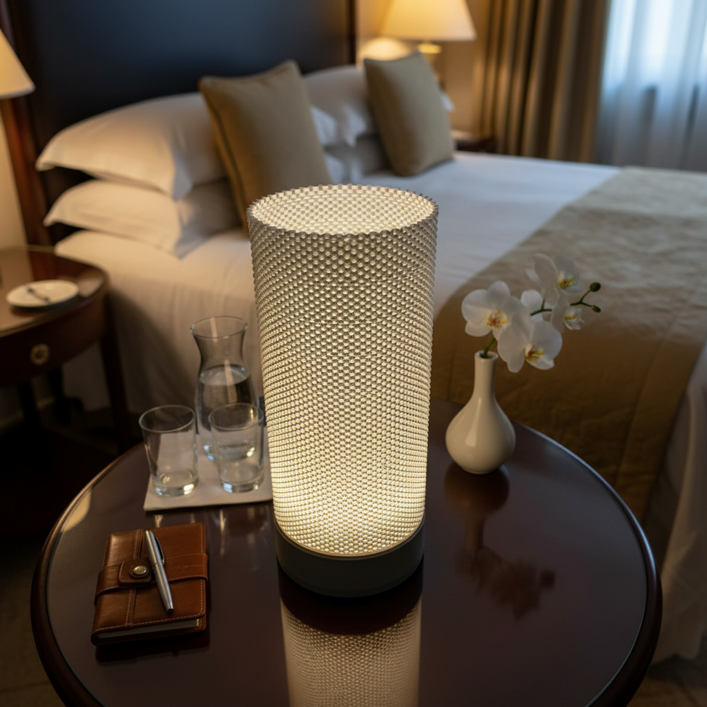 Decorative lamp on a bedside table with a bed in the background