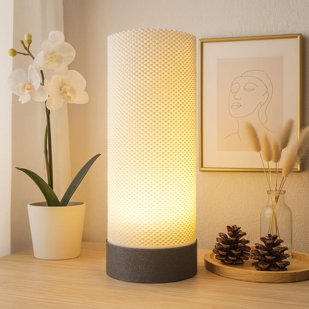 Decorative table lamp on a wooden surface with a potted plant and framed artwork in the background.