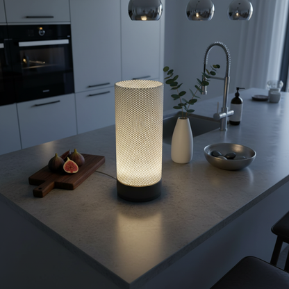 Modern kitchen with a lit decorative lamp on the counter