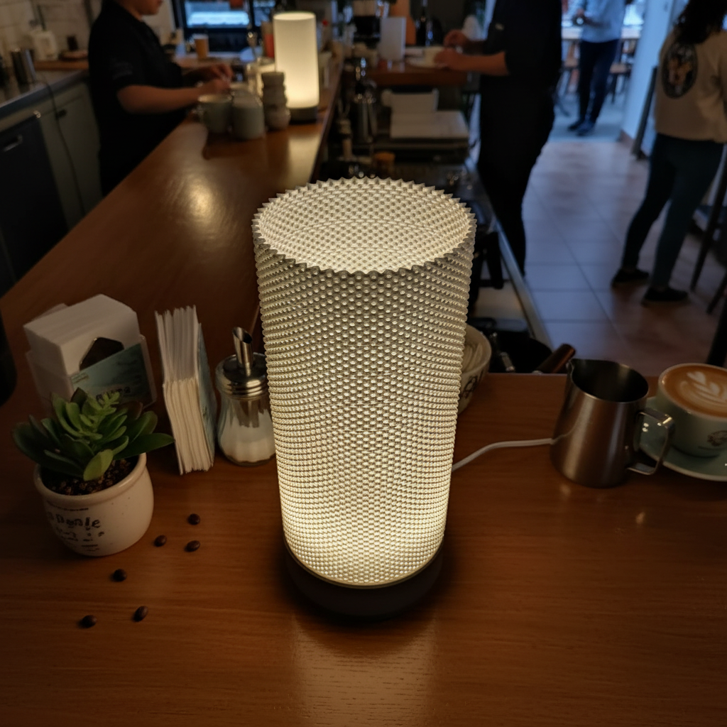 Decorative lamp on a table with a coffee cup and plant in a cafe setting