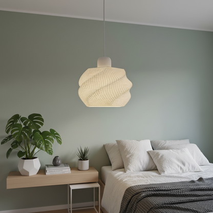 Modern bedroom with a pendant light, bed, and side table with plants.