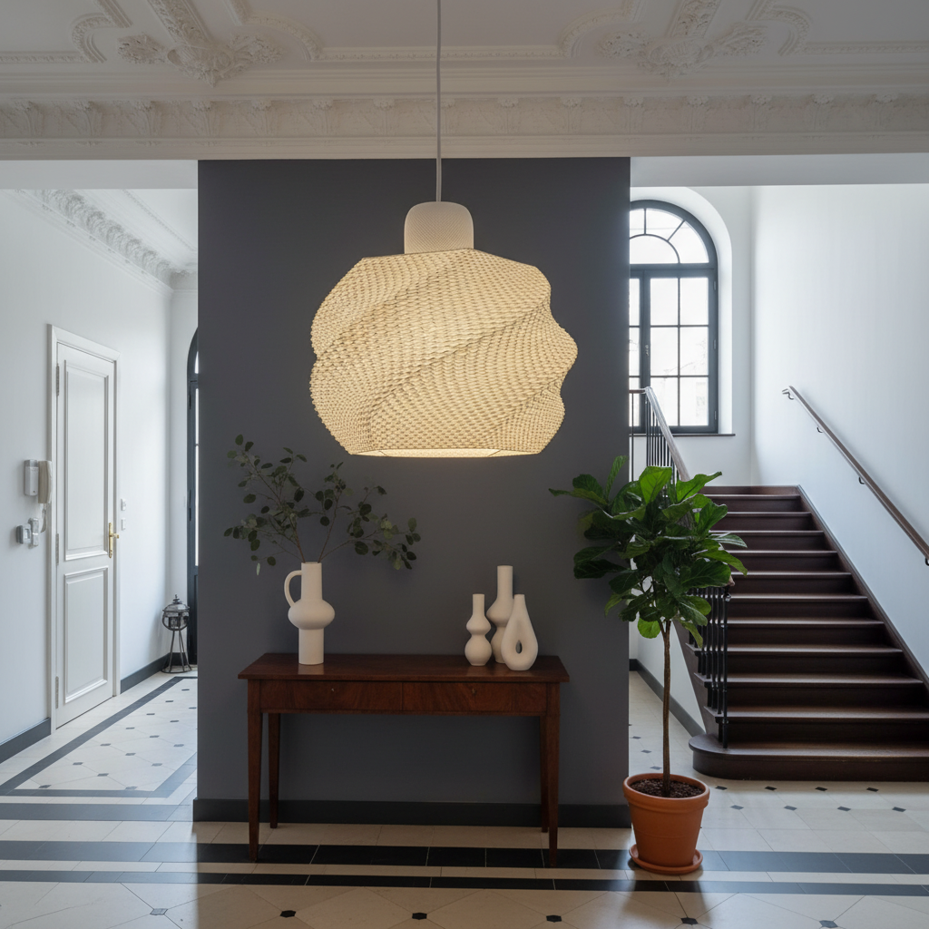 Modern interior with a textured pendant light, console table, and staircase.
