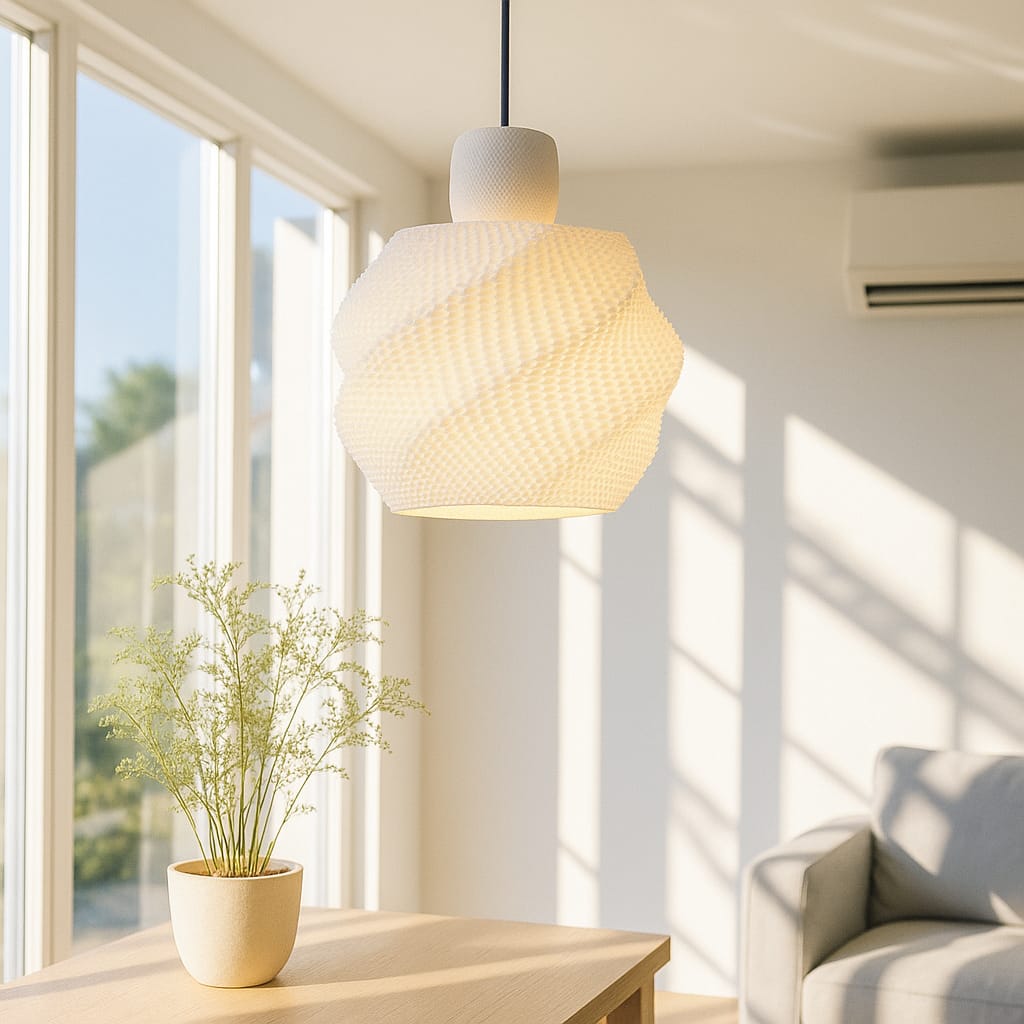 Modern pendant light hanging in a bright room with a plant on a table and a sofa.